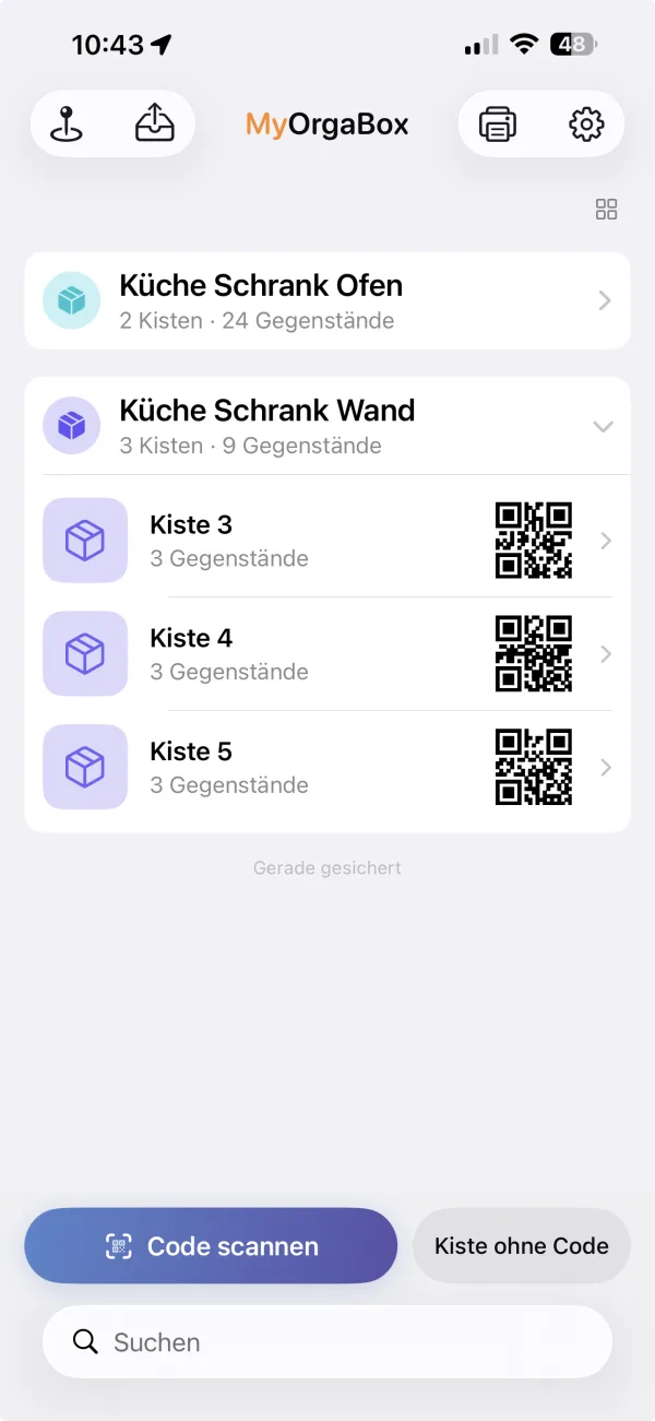 MyOrgaBox: dieselben Kisten als Liste nach Orten gruppiert, „Küche Schrank Wand“ aufgeklappt